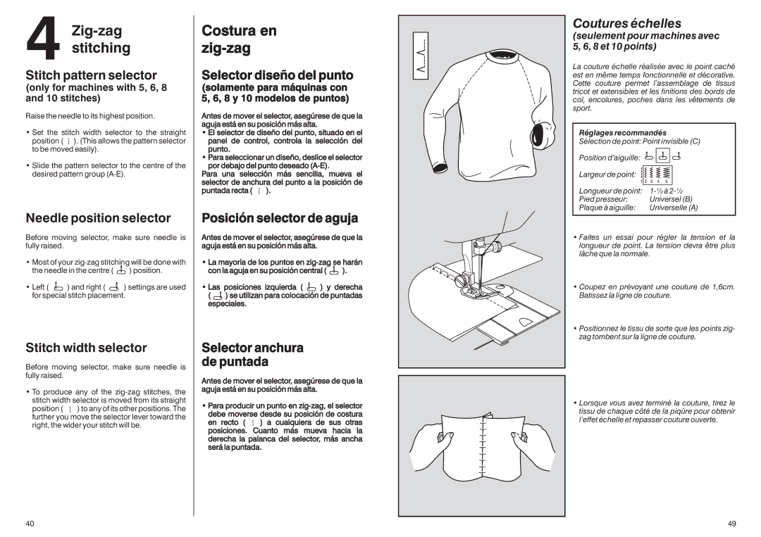 Singer HD-110 manual Zig-zag stitching, Costura en zig-zag, Posición selector de aguja, Coutures échelles 