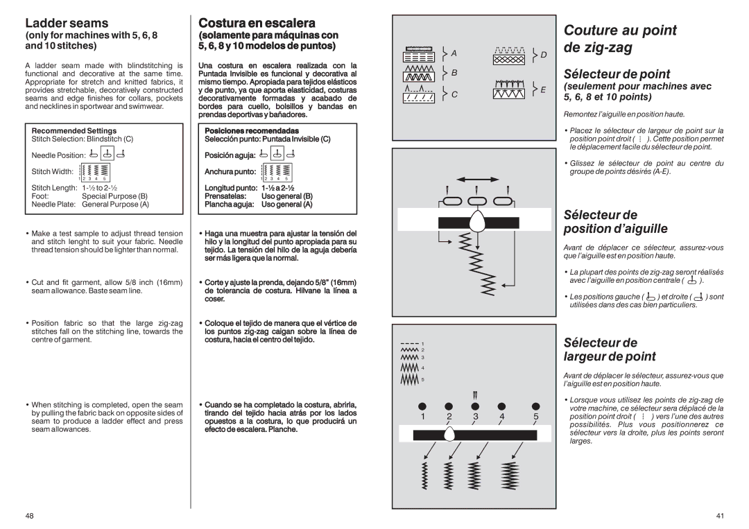 Singer HD-110 manual Couture au point de zig-zag, Ladder seams, Costura en escalera 