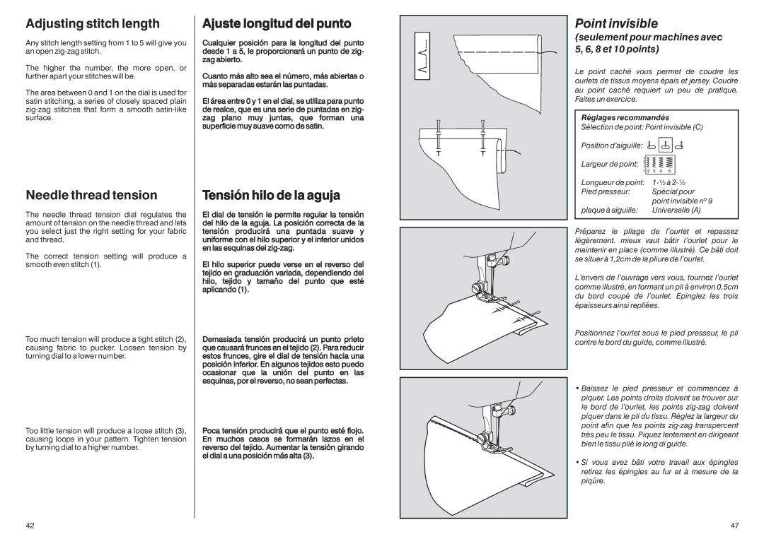 Singer HD-110 manual Needle thread tension, Tensión hilo de la aguja, Point invisible 