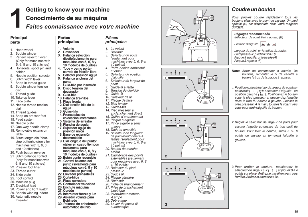 Singer HD-110 manual Getting to know your machine 1Conocimiento de su máquina, Faites connaissance avec votre machine 