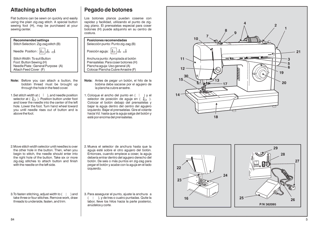 Singer HD-110 manual Attaching a button, Pegado de botones, Recommended settings, Posiciones recomendadas 