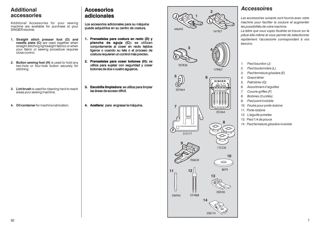 Singer HD-110 manual Additional accessories, Accesorios adicionales, Accessoires 