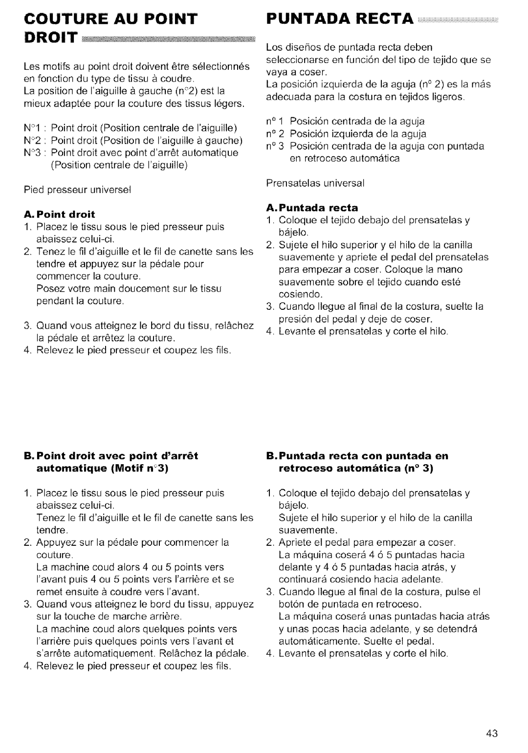 Singer MODEL 9920 Couture AU Point Droit, Point droit avec point darr6t Automatique Motif n3, Puntada recta 