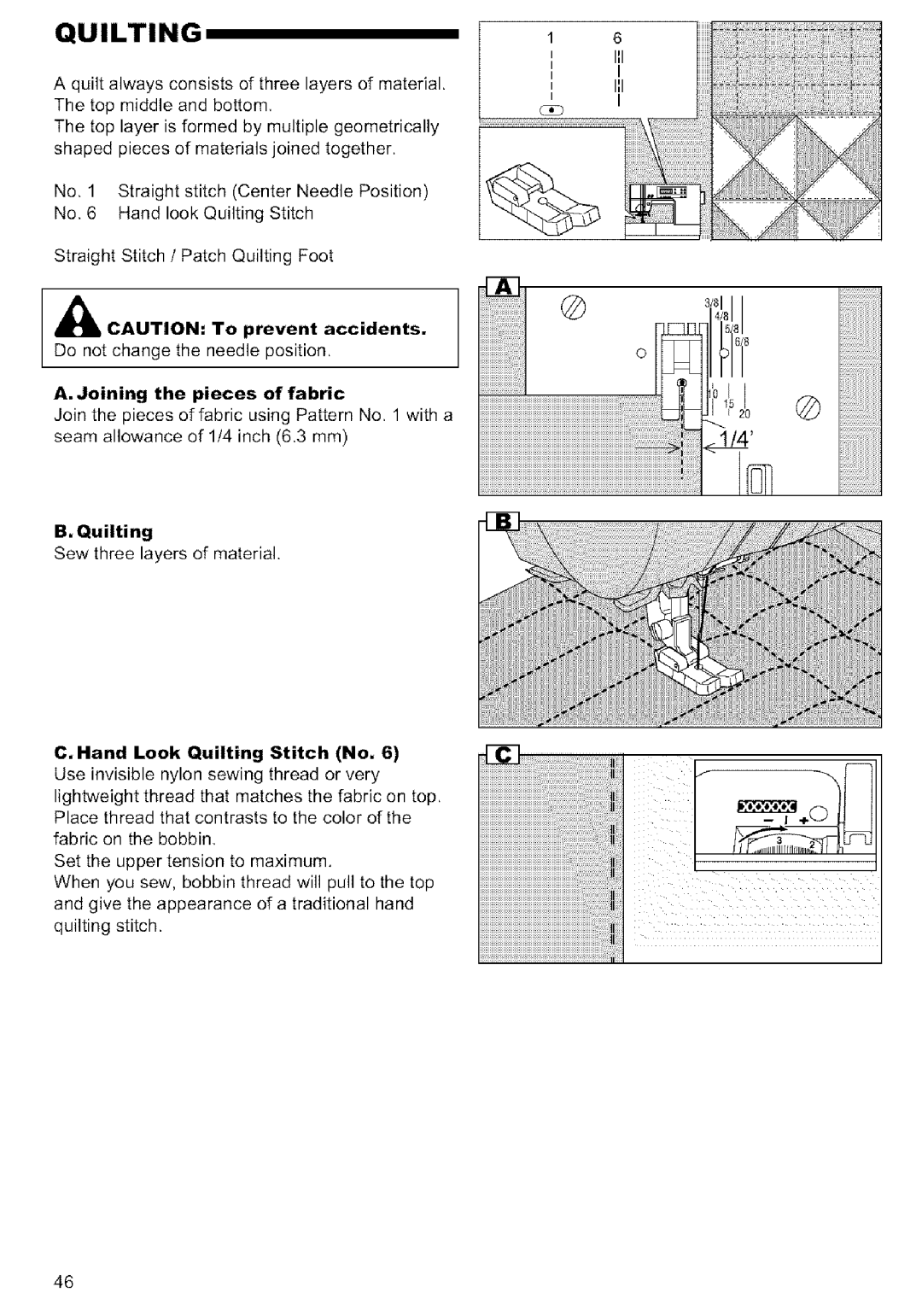 Singer MODEL 9920 instruction manual Joining the pieces of fabric, Hand Look Quilting Stitch No 