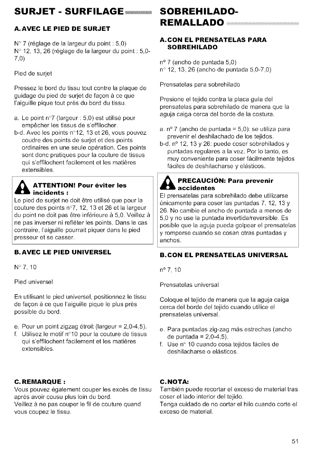 Singer MODEL 9920 instruction manual Surjet Surfilage, Sobrehilado Remallado 