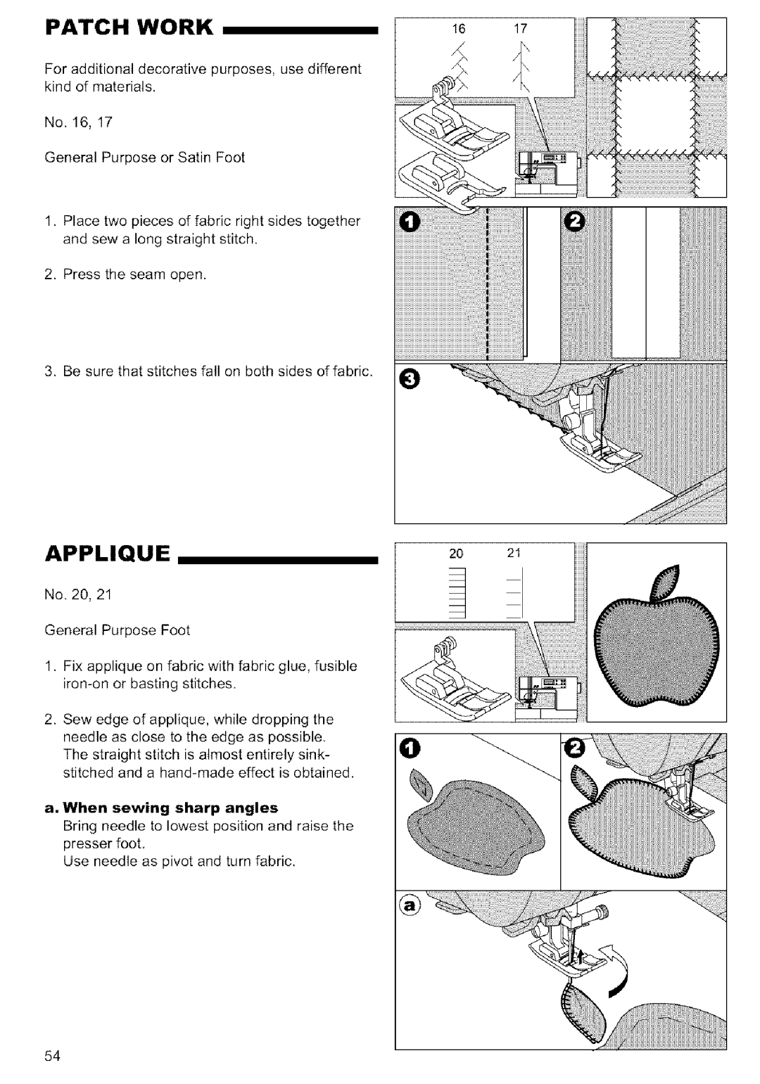 Singer MODEL 9920 instruction manual Patch Work, Applique, When sewing sharp angles 