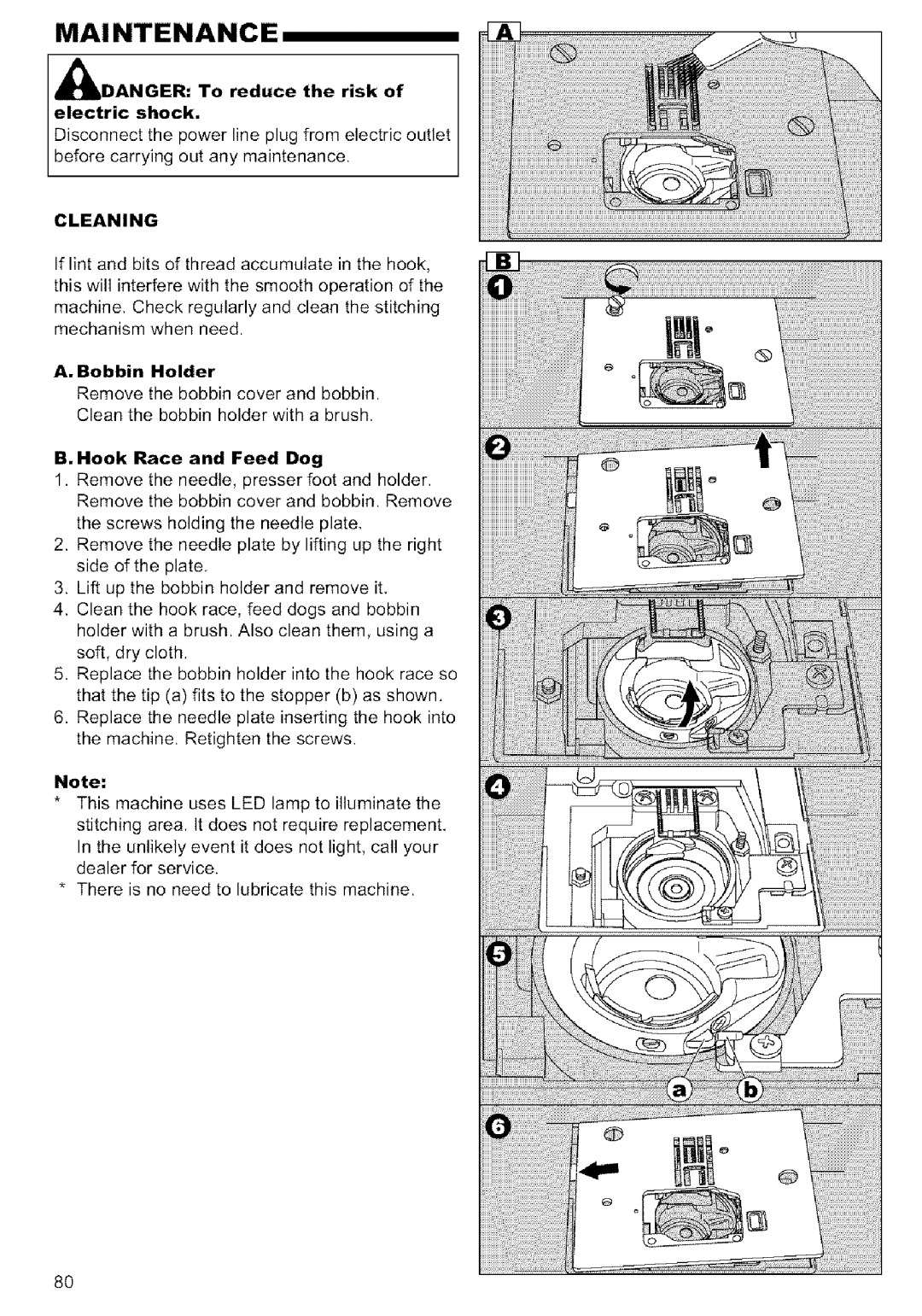 Singer MODEL 9920 instruction manual Maintenance, Cleaning, Bobbin Holder, Hook Race and Feed Dog 