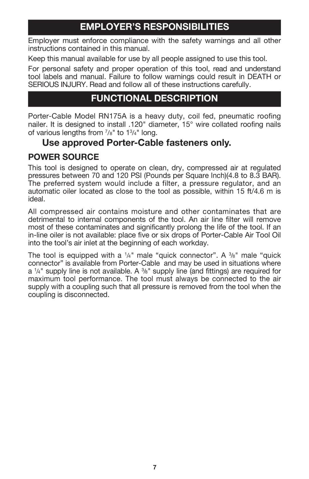 Singer RN175A instruction manual EMPLOYER’S Responsibilities, Functional Description, Power Source 