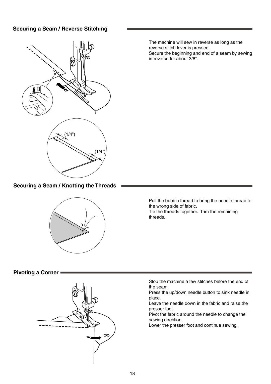 Singer S16 Securing a Seam / Reverse Stitching, Securing a Seam / Knotting the Threads, Pivoting a Corner 