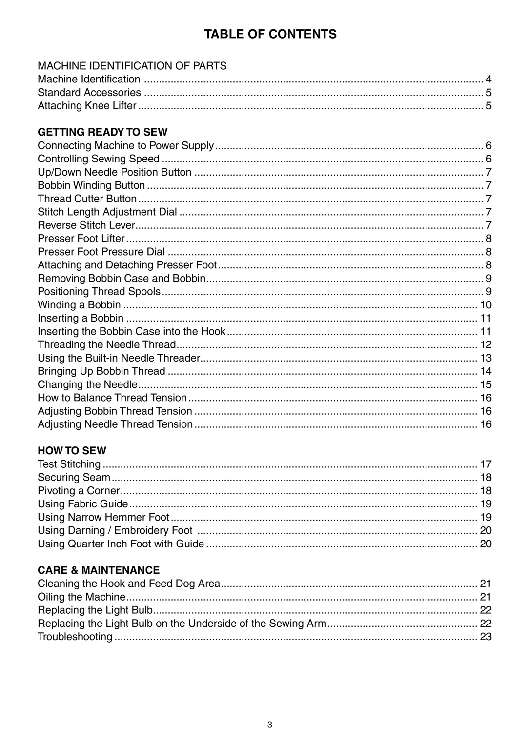 Singer S16 instruction manual Table of Contents 