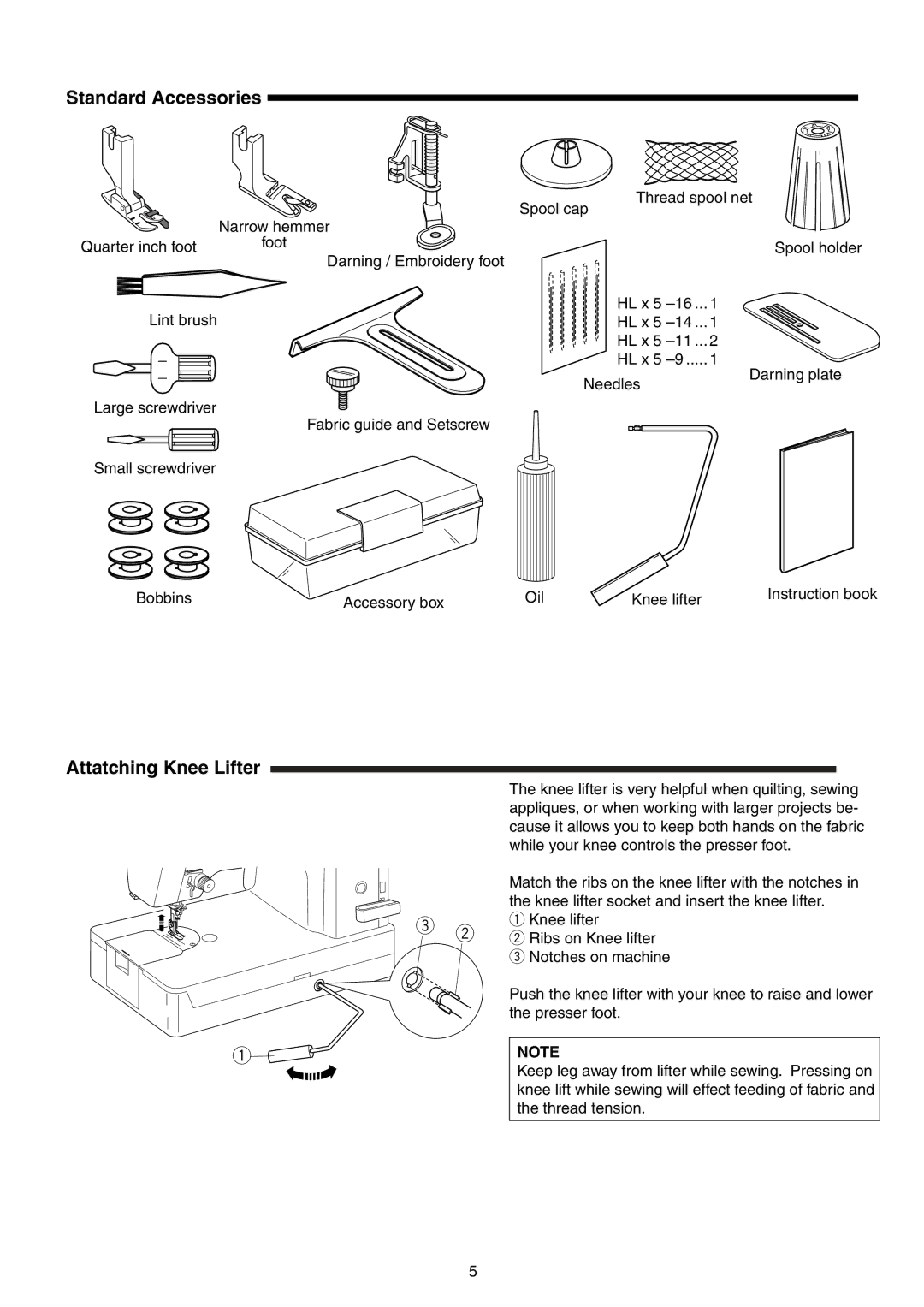 Singer S16 instruction manual Standard Accessories, Attatching Knee Lifter 