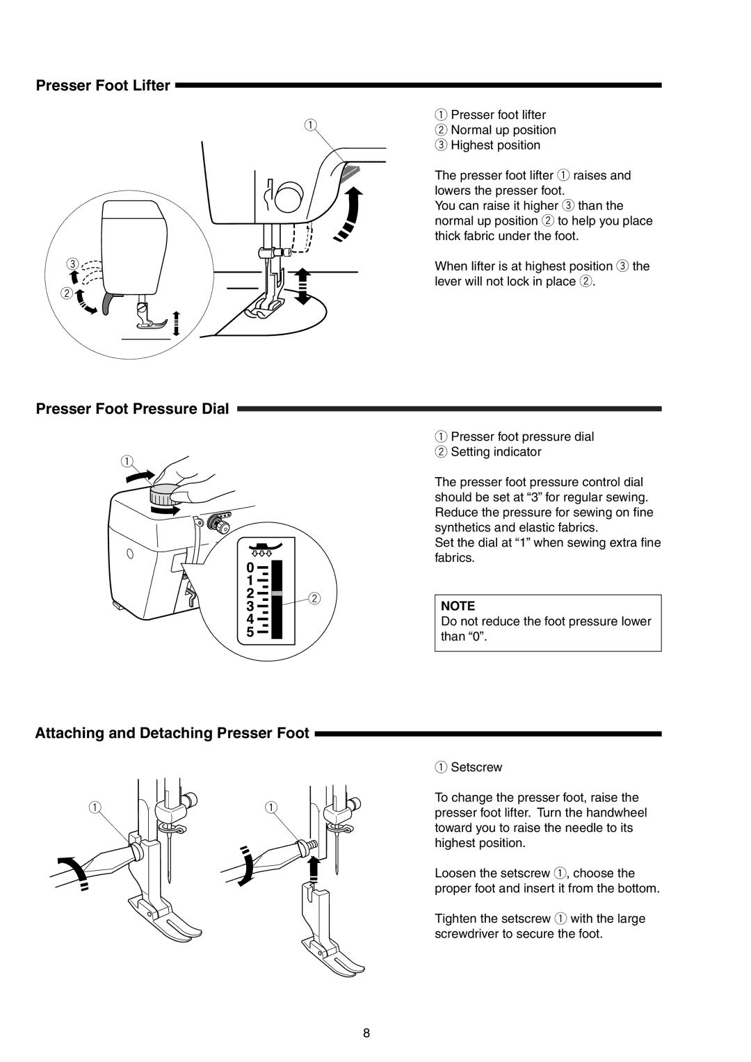 Singer S16 instruction manual Presser Foot Lifter, Presser Foot Pressure Dial, Attaching and Detaching Presser Foot 