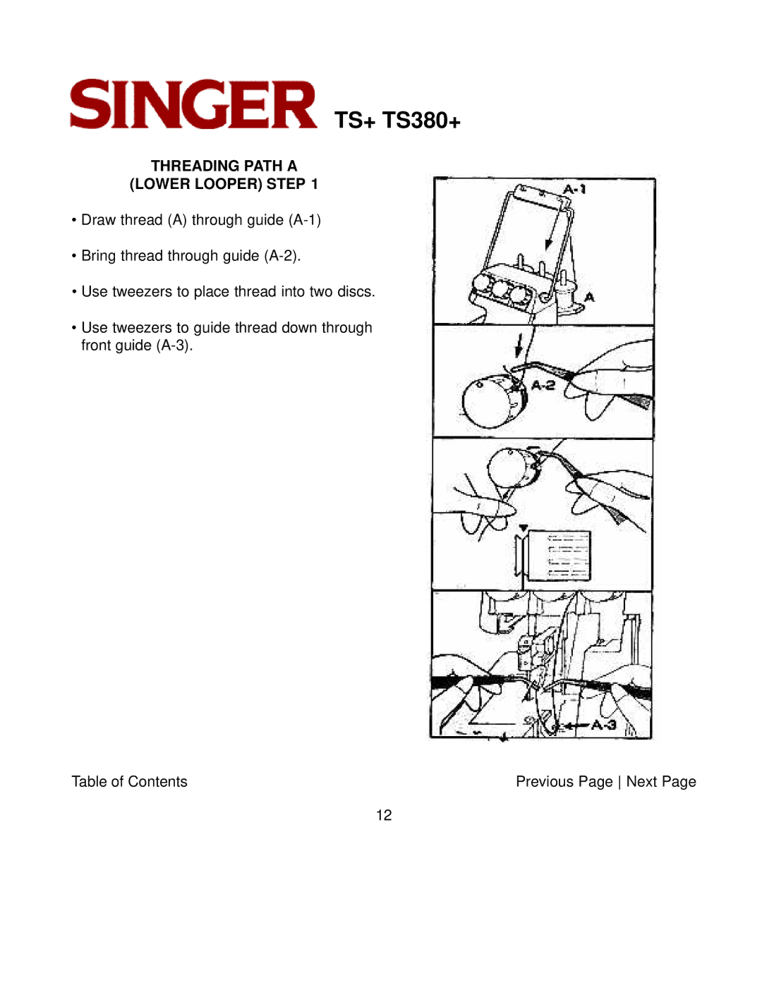 Singer TS380+, TS+ instruction manual Threading Path a Lower Looper Step 