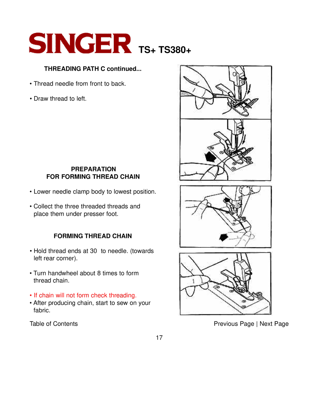 Singer TS+, TS380+ instruction manual Threading Path C, Preparation For Forming Thread Chain 