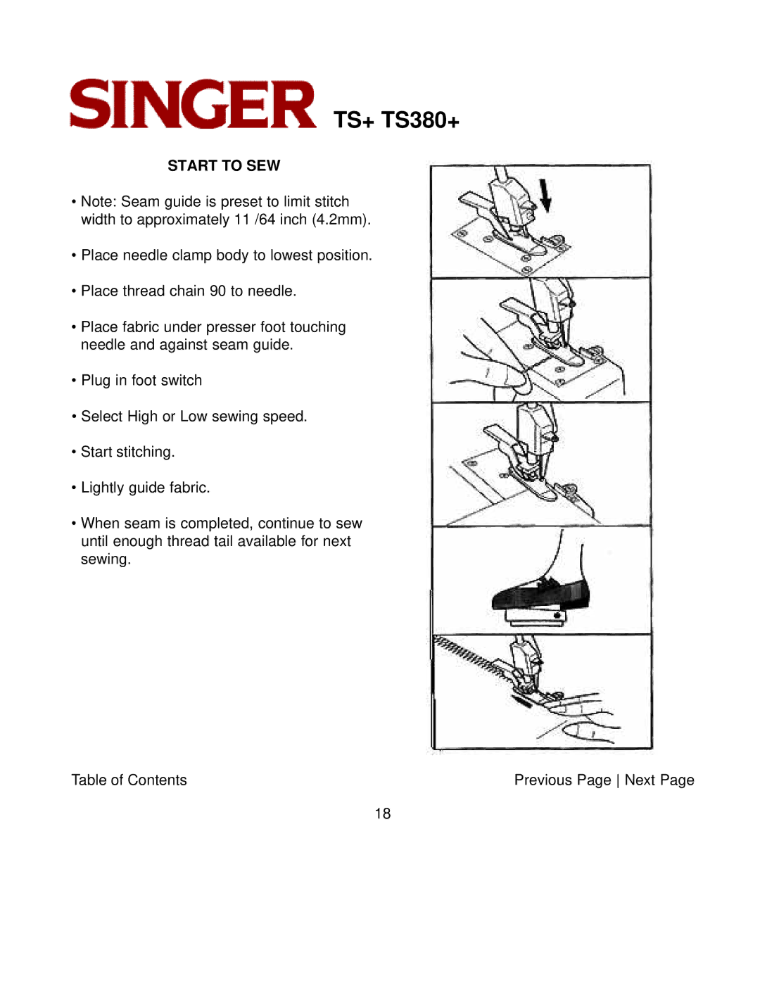 Singer TS380+, TS+ instruction manual Start to SEW 