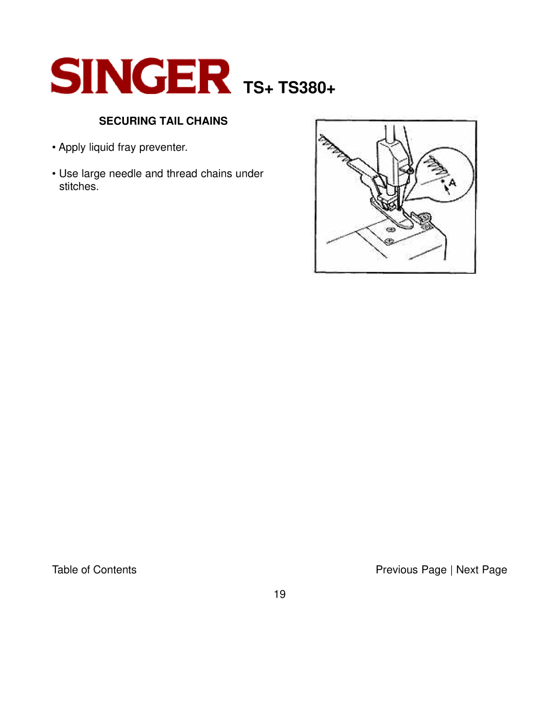 Singer TS+, TS380+ instruction manual Securing Tail Chains 