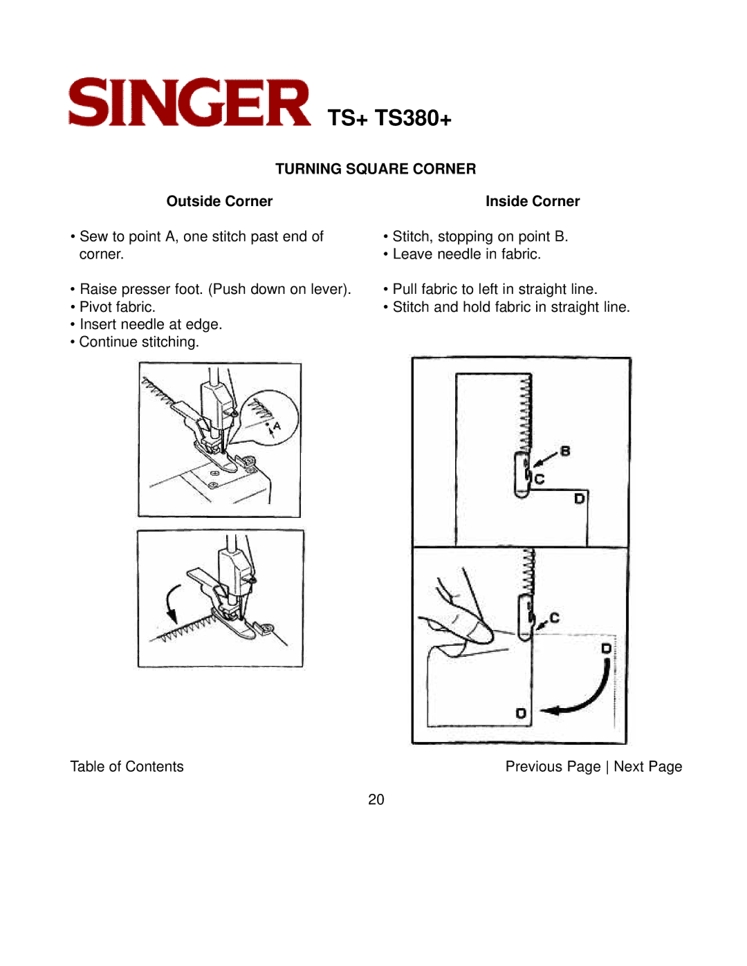 Singer TS380+, TS+ instruction manual Turning Square Corner, Outside Corner Inside Corner 