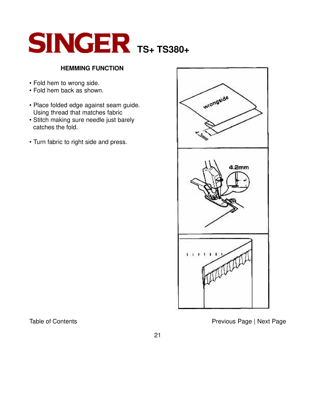 Singer TS+, TS380+ instruction manual Hemming Function 