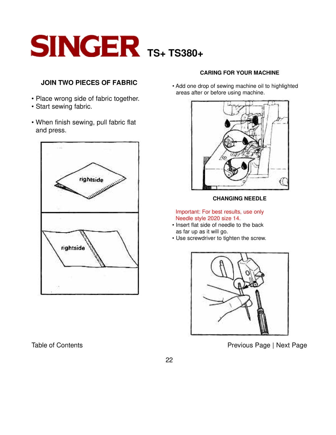 Singer TS380+, TS+ instruction manual Join TWO Pieces of Fabric, Changing Needle 