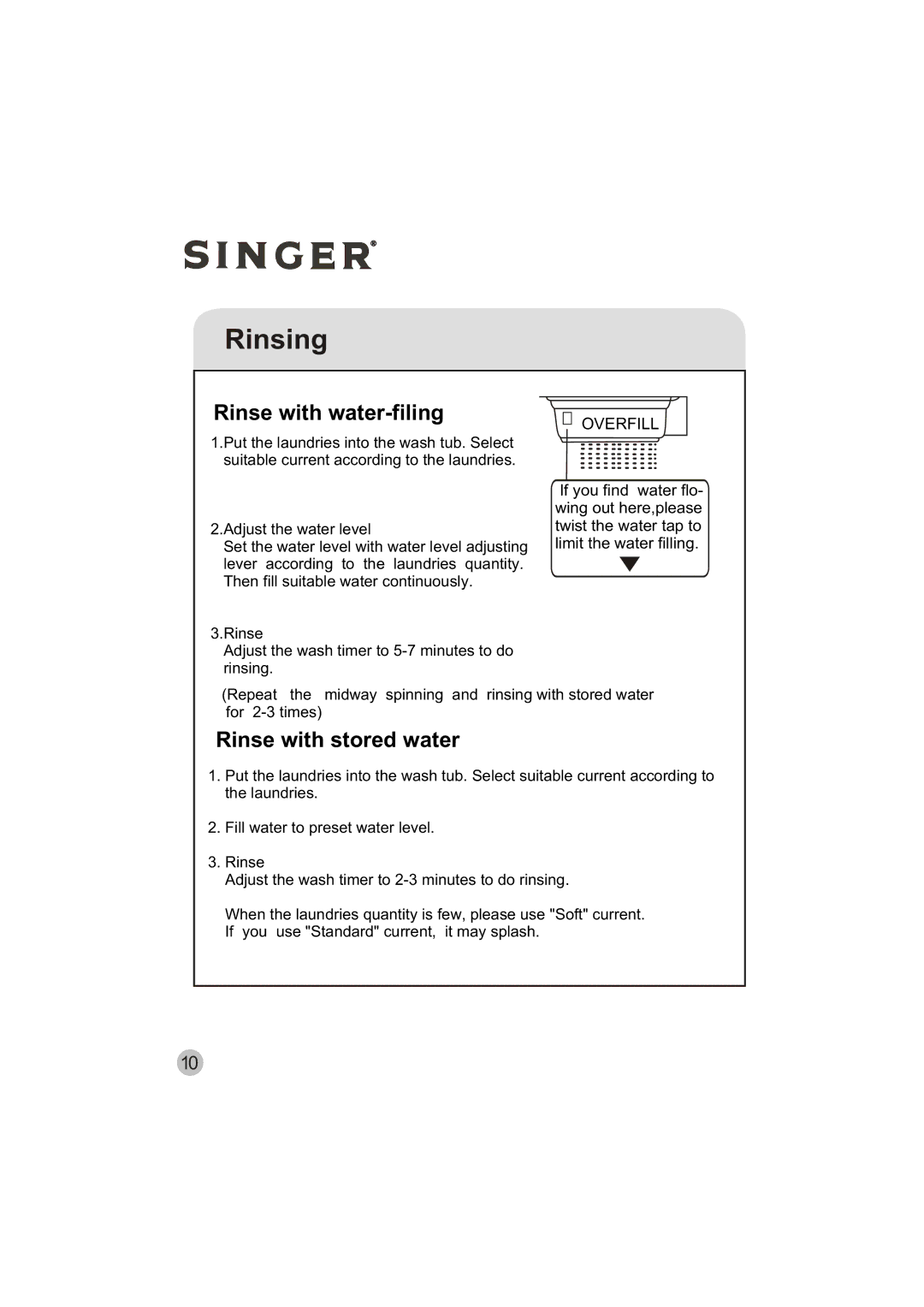 Singer WT5113 user manual Rinsing, Rinse with water-filing 