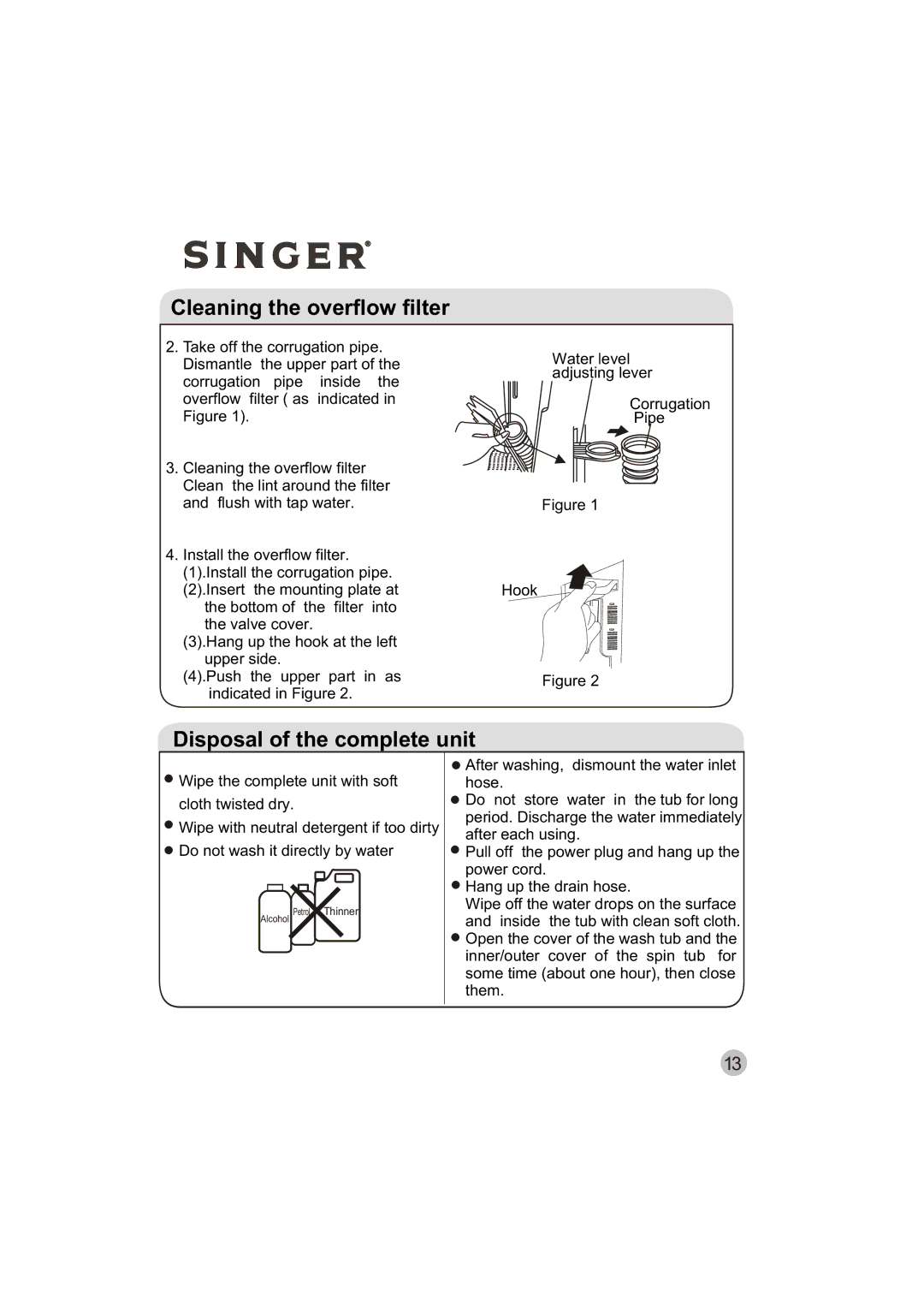 Singer WT5113 user manual Cleaning the overflow filter 