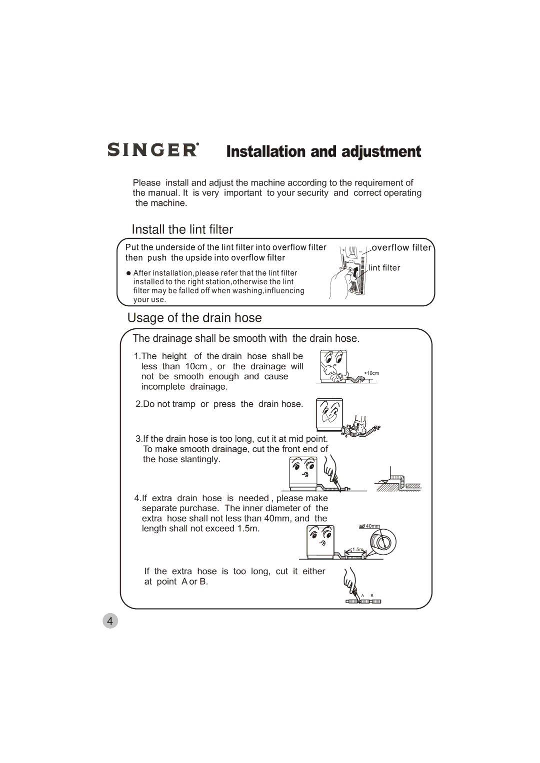 Singer WT5113 user manual Installation and adjustment, Install the lint filter 