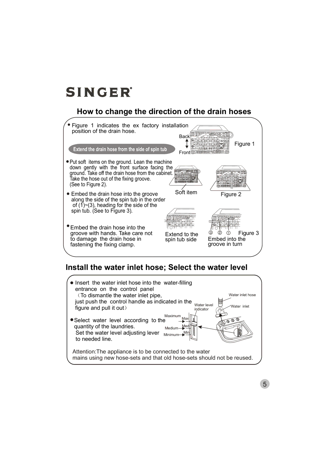 Singer WT5113 user manual How to change the direction of the drain hoses 