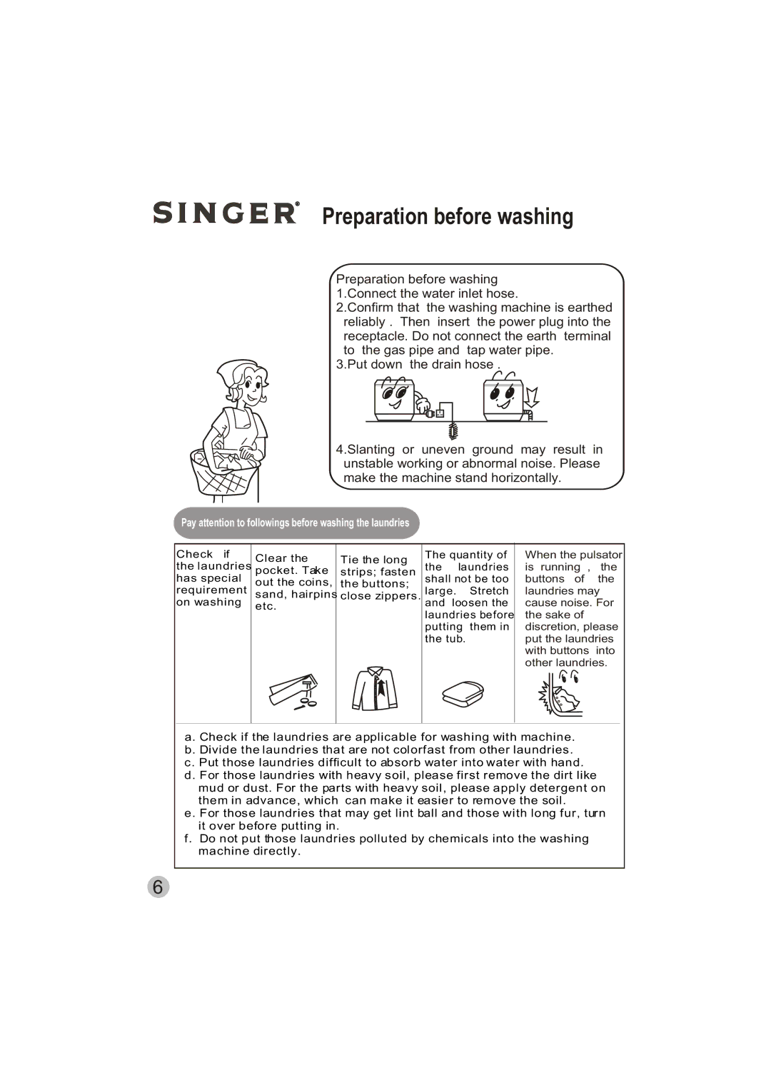 Singer WT5113 user manual Preparation before washing, Pay attention to followings before washing the laundries 