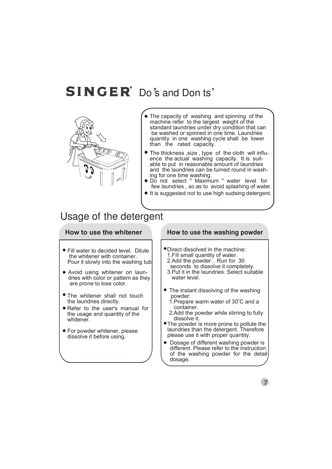 Singer WT5113 user manual Do s and Don ts, Usage of the detergent 