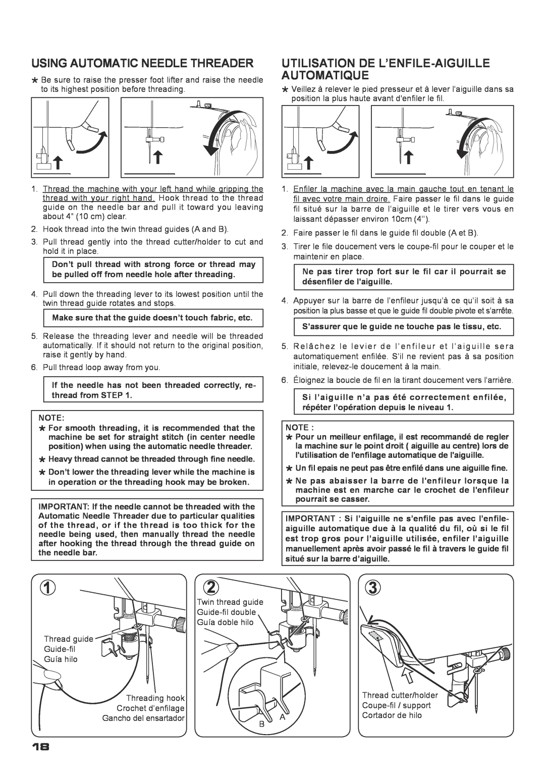 Singer XL-400 instruction manual Using Automatic Needle Threader, Utilisation De L’Enfile-Aiguille Automatique 