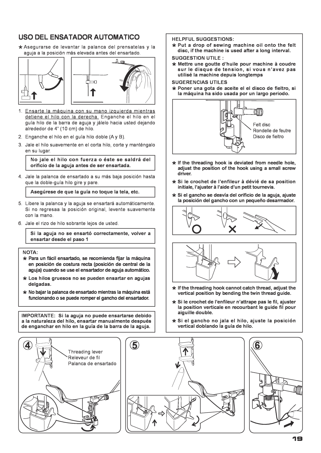 Singer XL-400 instruction manual Uso Del Ensatador Automatico 