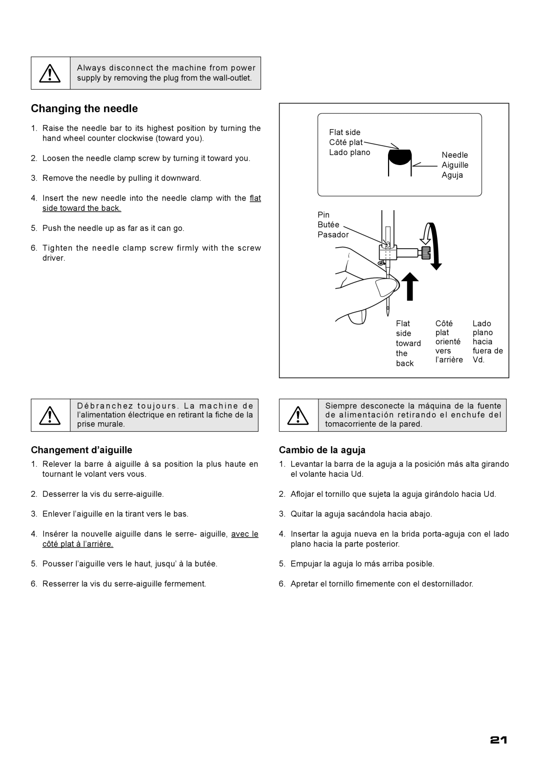 Singer XL-400 instruction manual Changing the needle, Changement d’aiguille, Cambio de la aguja 