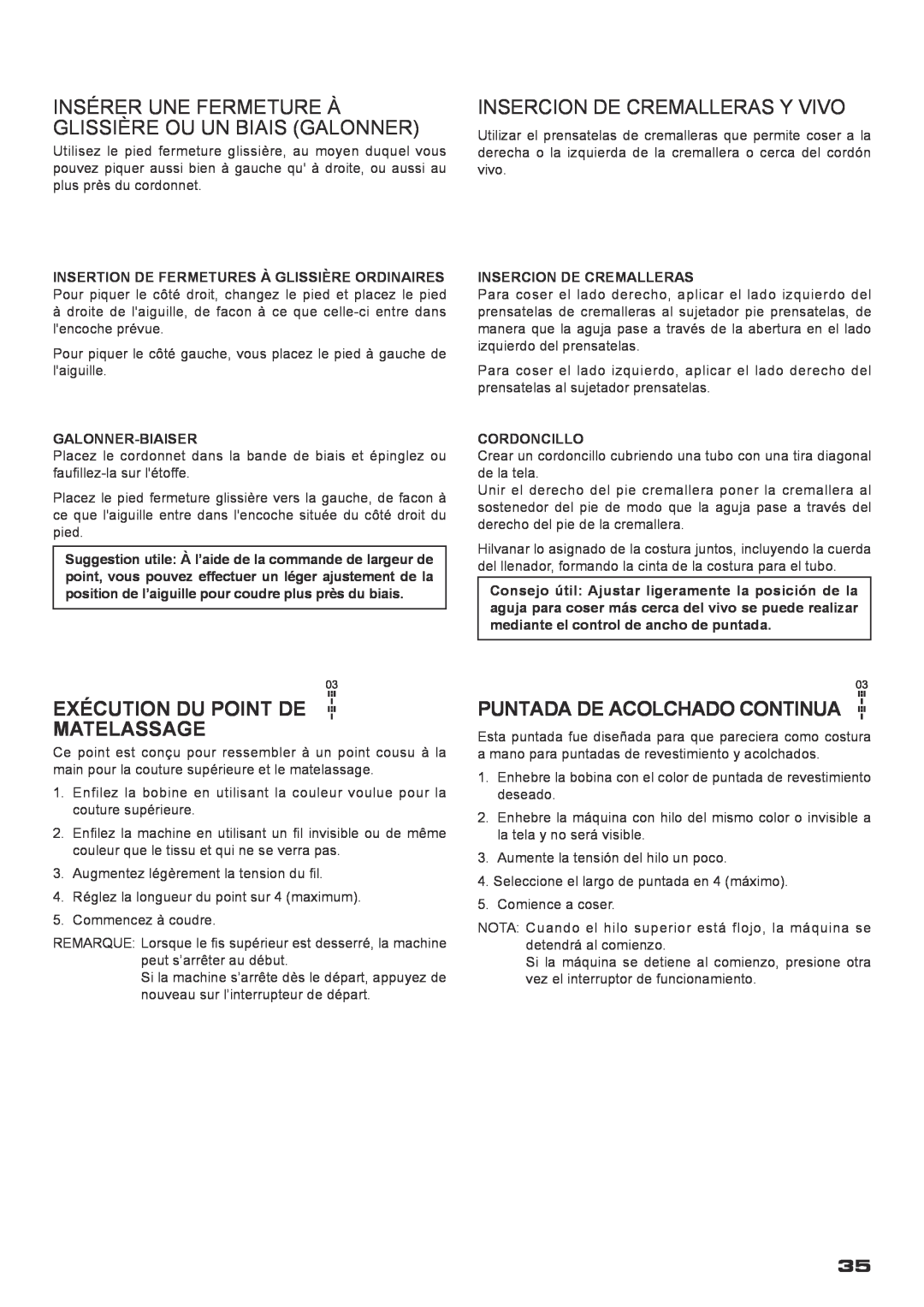 Singer XL-400 instruction manual Insérer Une Fermeture À Glissière Ou Un Biais Galonner, Insercion De Cremalleras Y Vivo 