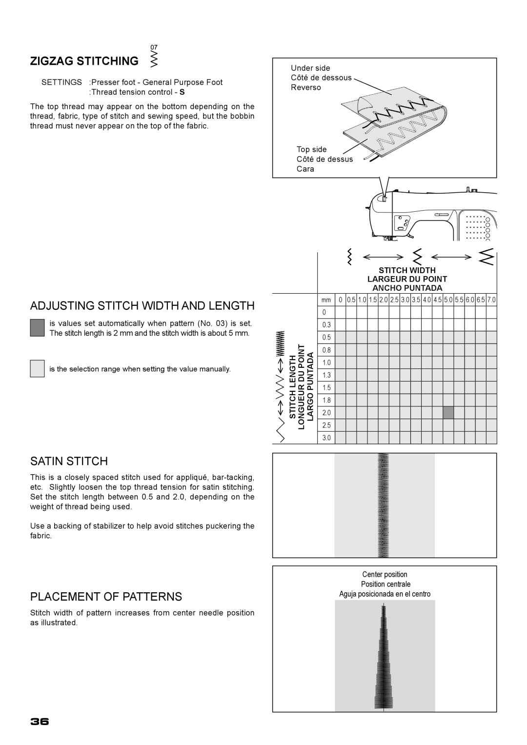 Singer XL-400 instruction manual Zigzag Stitching, Adjusting Stitch Width And Length, Satin Stitch, Placement Of Patterns 