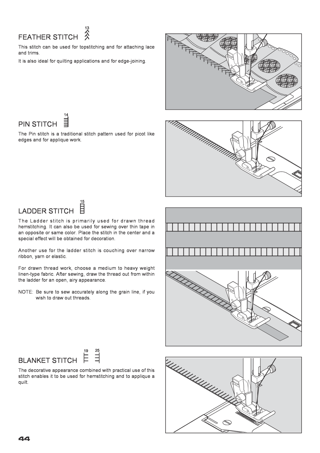 Singer XL-400 instruction manual Feather Stitch, Pin Stitch, Ladder Stitch, Blanket Stitch 
