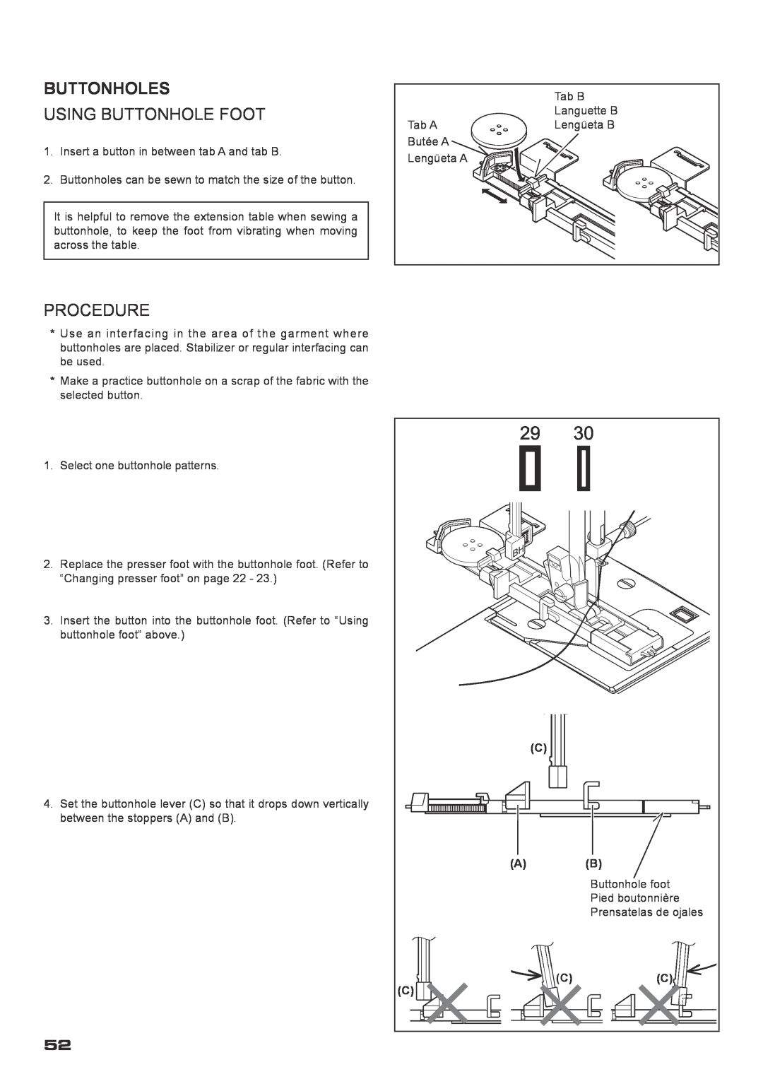 Singer XL-400 instruction manual Buttonholes, Using Buttonhole Foot, Procedure 
