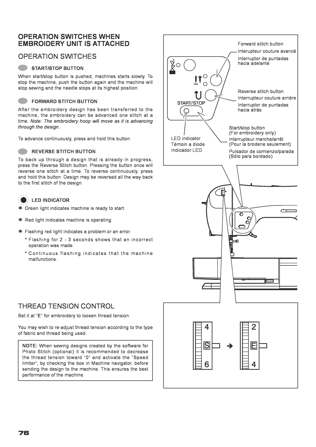 Singer XL-400 instruction manual Operation Switches When Embroidery Unit Is Attached, Thread Tension Control 