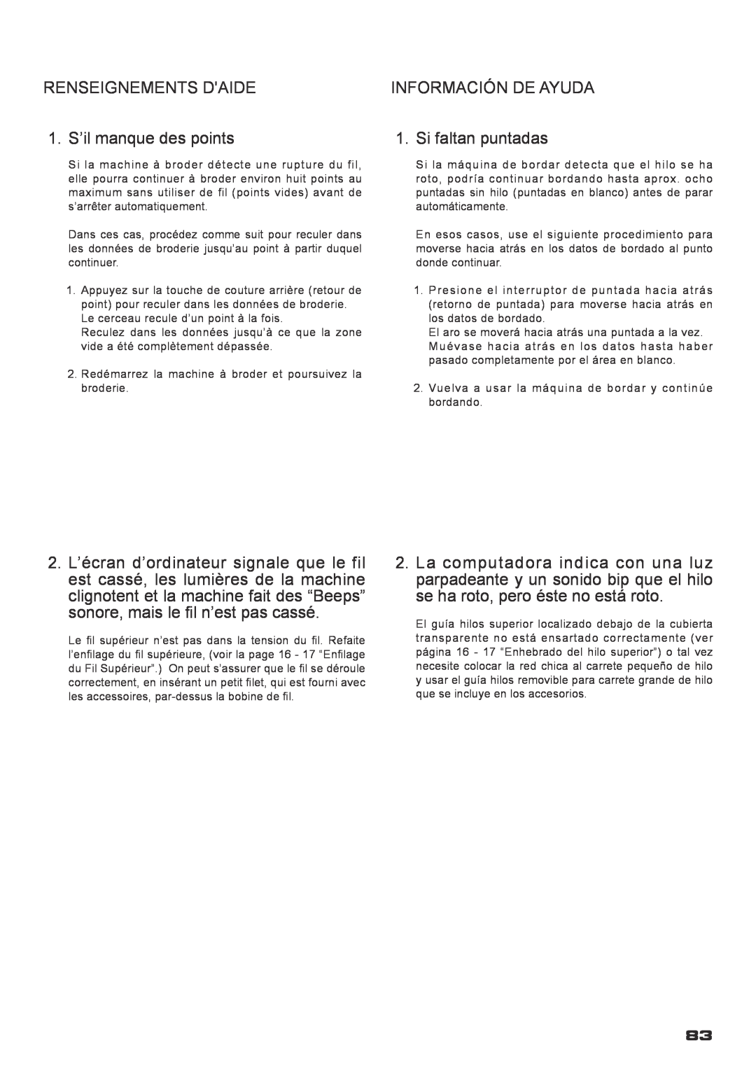 Singer XL-400 instruction manual RENSEIGNEMENTS DAIDE 1. S’il manque des points, INFORMACIÓN DE AYUDA 1. Si faltan puntadas 