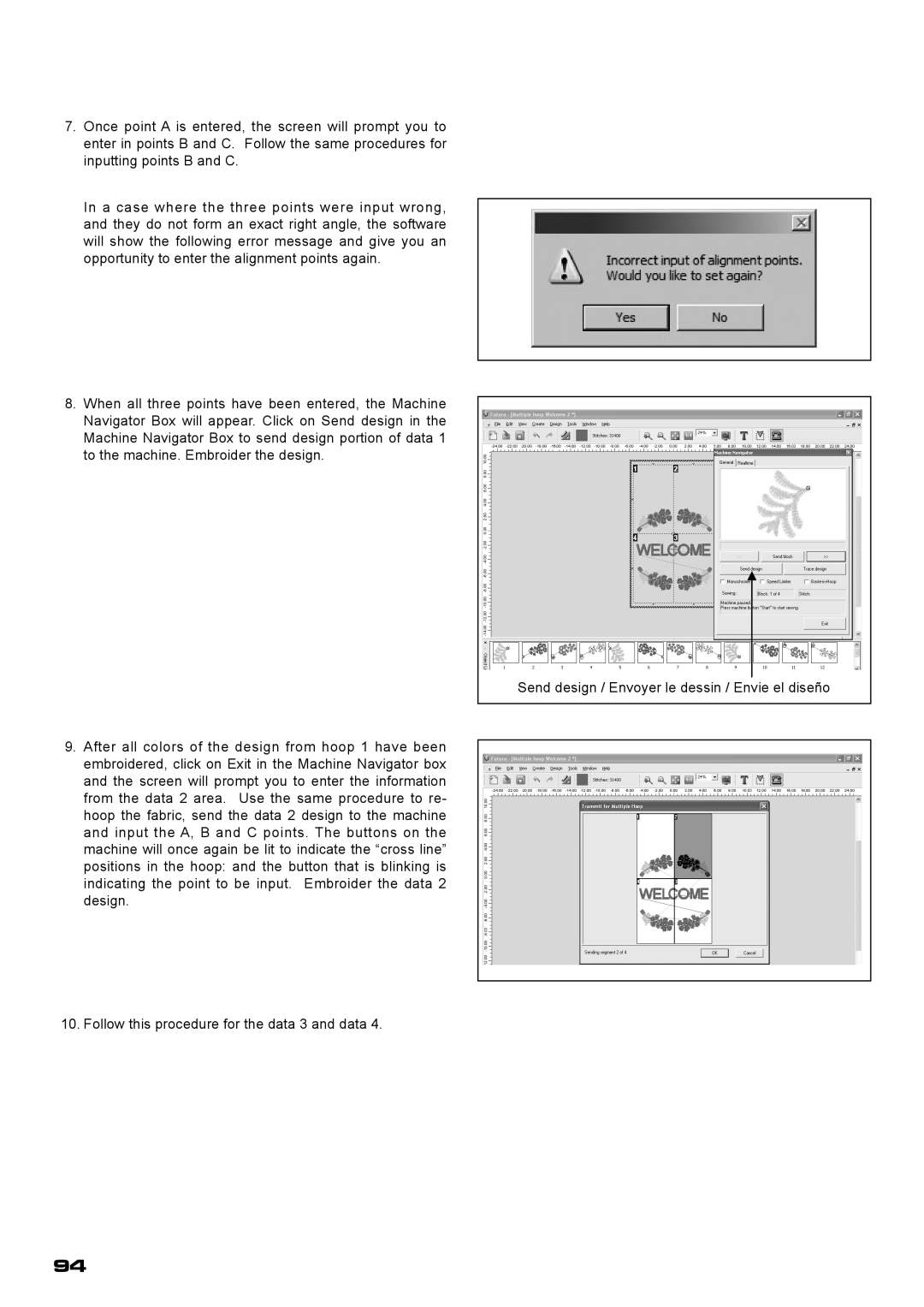 Singer XL-400 Follow this procedure for the data 3 and data, Send design / Envoyer le dessin / Envie el diseño 