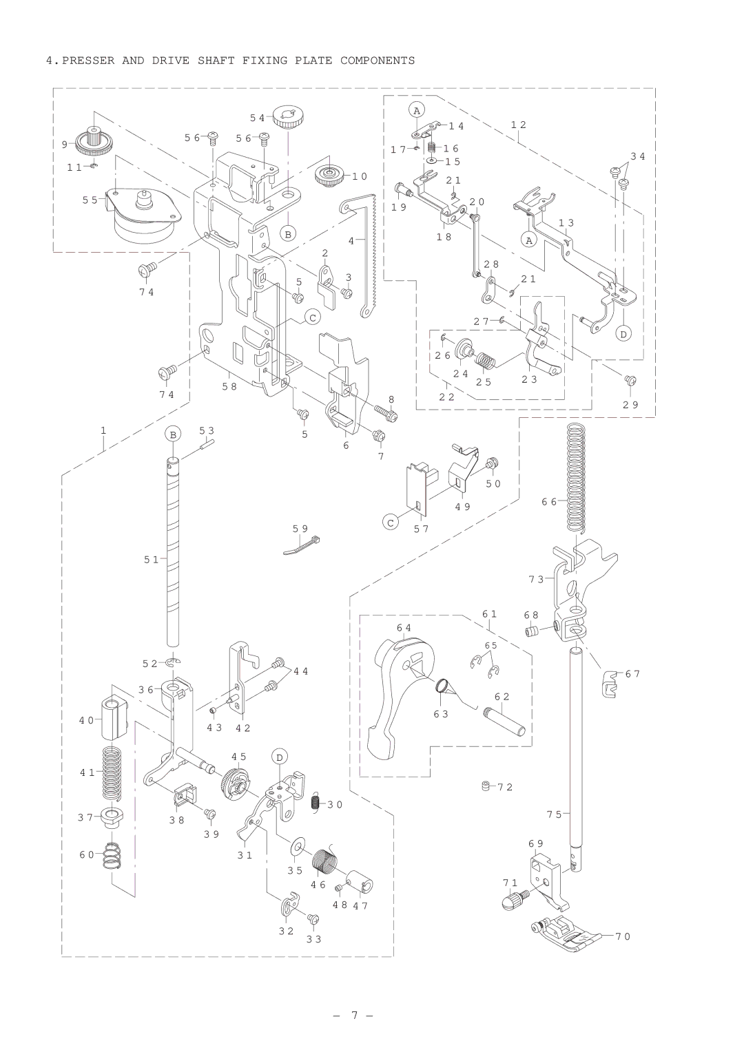 Singer XL-5000 manual Presser and Drive Shaft Fixing Plate Components 