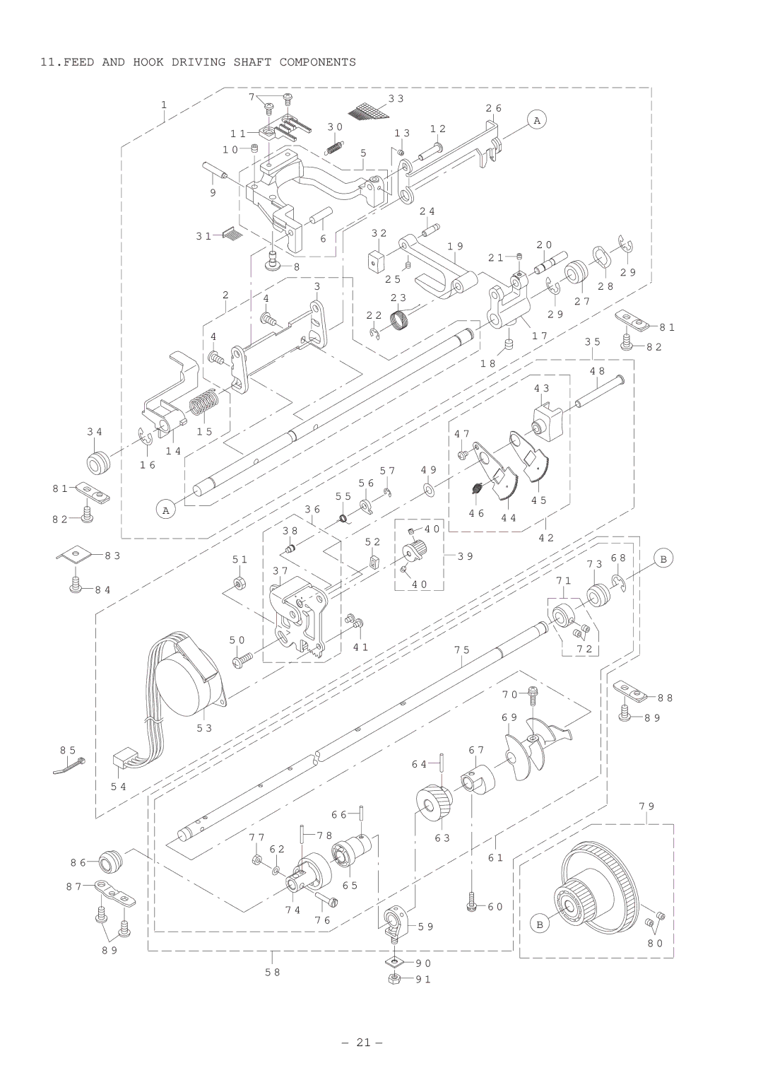 Singer XL-5000 manual Feed and Hook Driving Shaft Components 