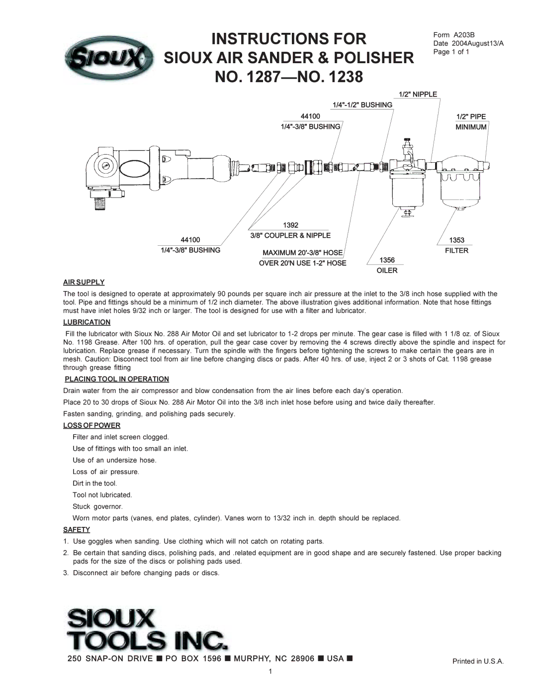 Sioux Tools 1238, 1287 manual Instructions for Sioux AIR Sander & Polisher, No -NO 