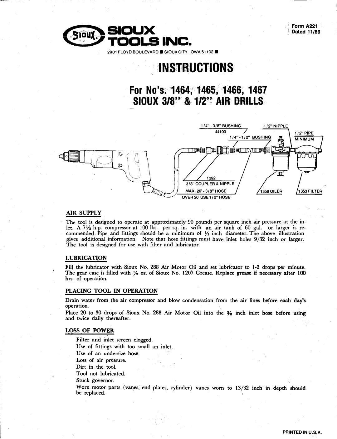 Sioux Tools manual Instructions, For Nos.1464 1465, 1466, 1467 -SIOUX 318 & 112 AIR Drills 