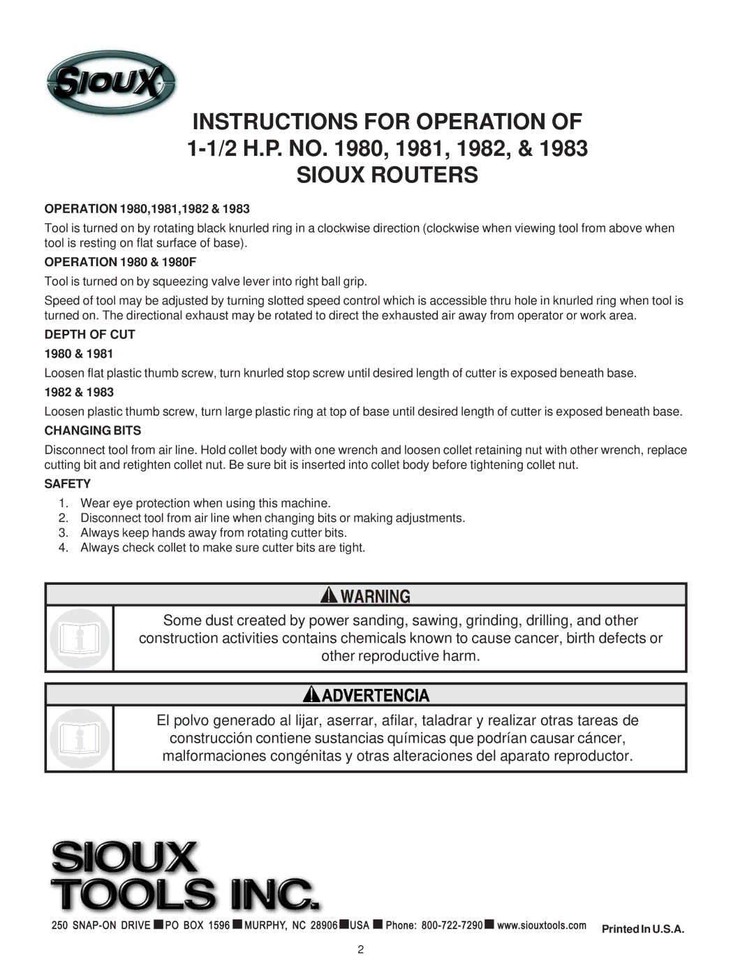 Sioux Tools 1983, 1981, 1980, 1985, 1982 manual Instructions for Operation, Sioux Routers, Changing Bits, Safety 