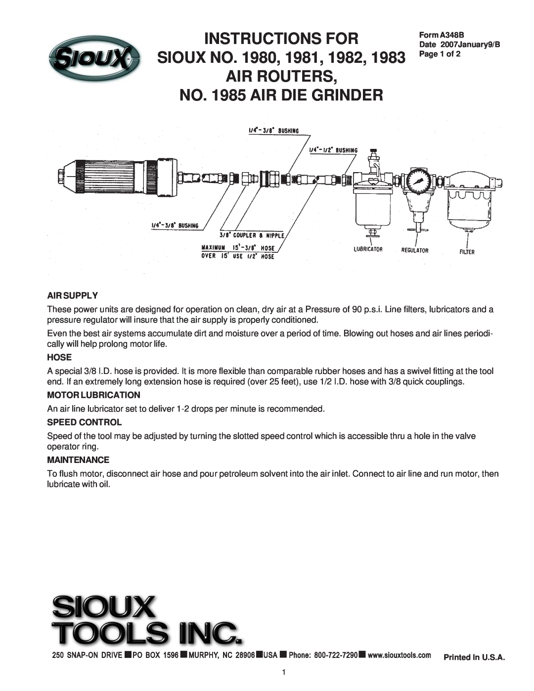 Sioux Tools manual INSTRUCTIONS FOR SIOUX NO. 1980, 1981, 1982 AIR ROUTERS, NO. 1985 AIR DIE GRINDER, Air Supply, Hose 