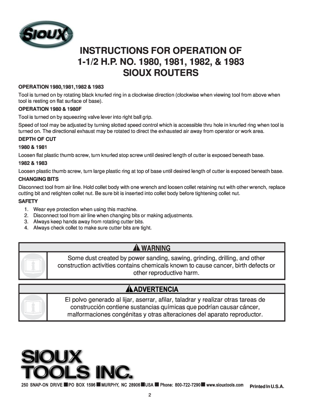 Sioux Tools 1983, 1985 manual INSTRUCTIONS FOR OPERATION OF 1-1/2 H.P. NO. 1980, 1981, 1982, Sioux Routers 