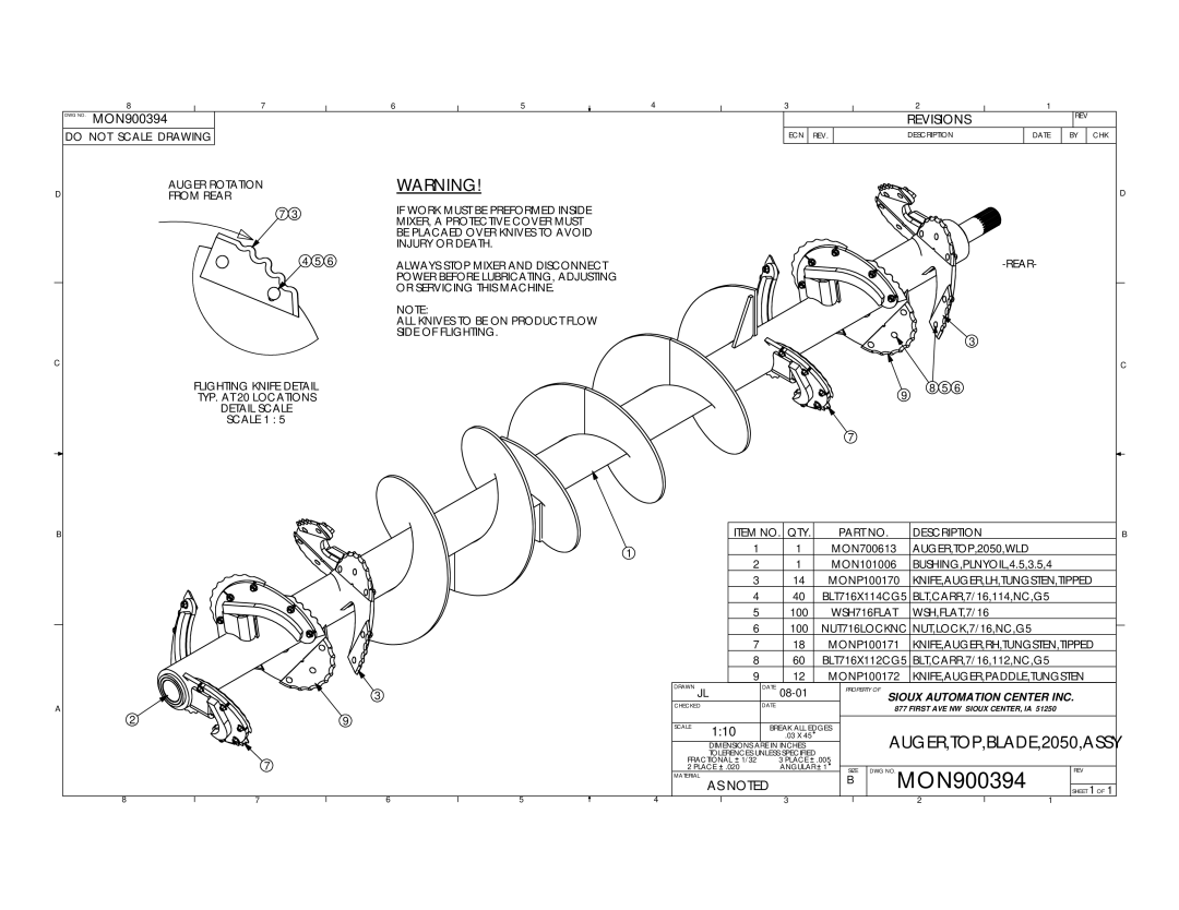 Sioux Tools manual MON900394, AUGER,TOP,BLADE,2050,ASSY 