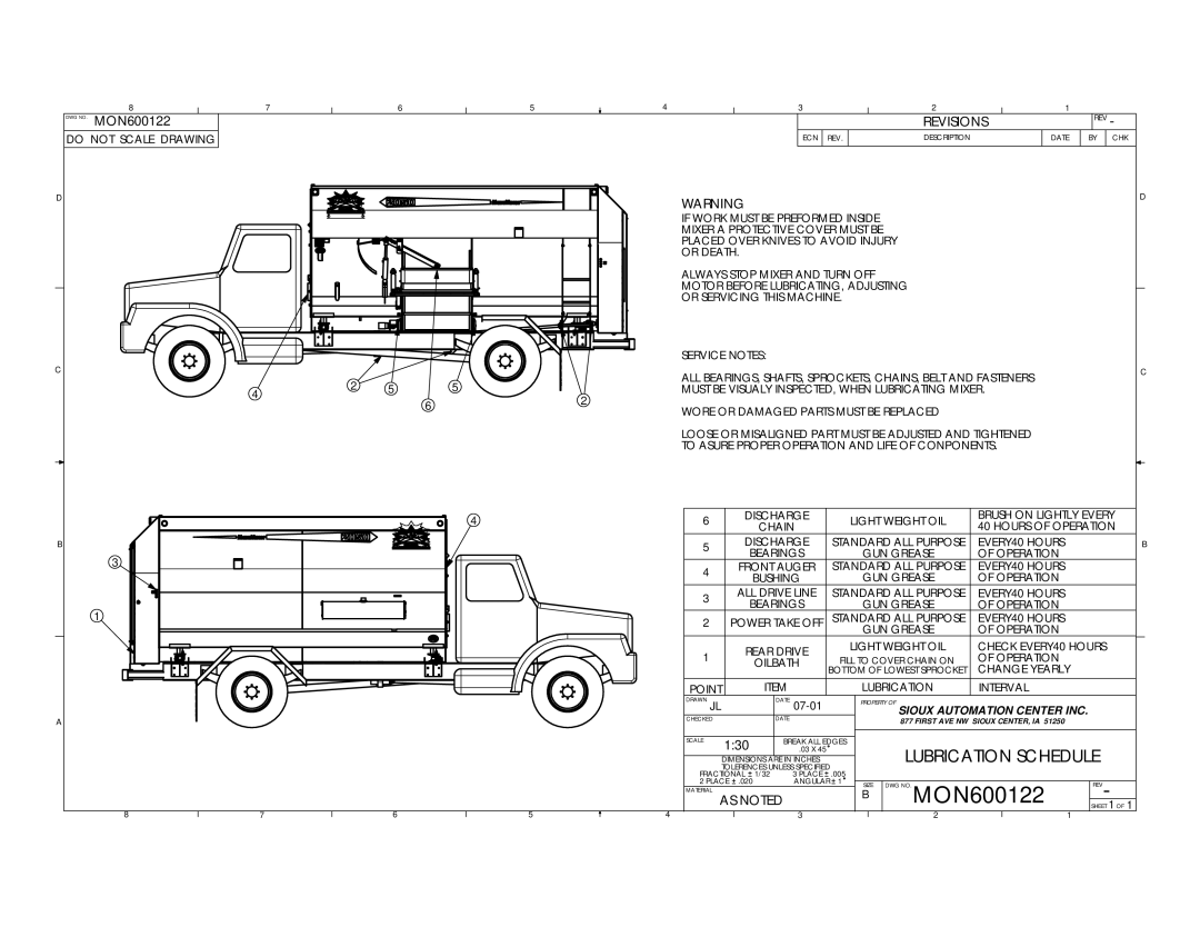Sioux Tools 2050 manual Lubrication Schedule, DWG NO. MON600122, Revisions, Property Of Sioux Automation Center Inc 