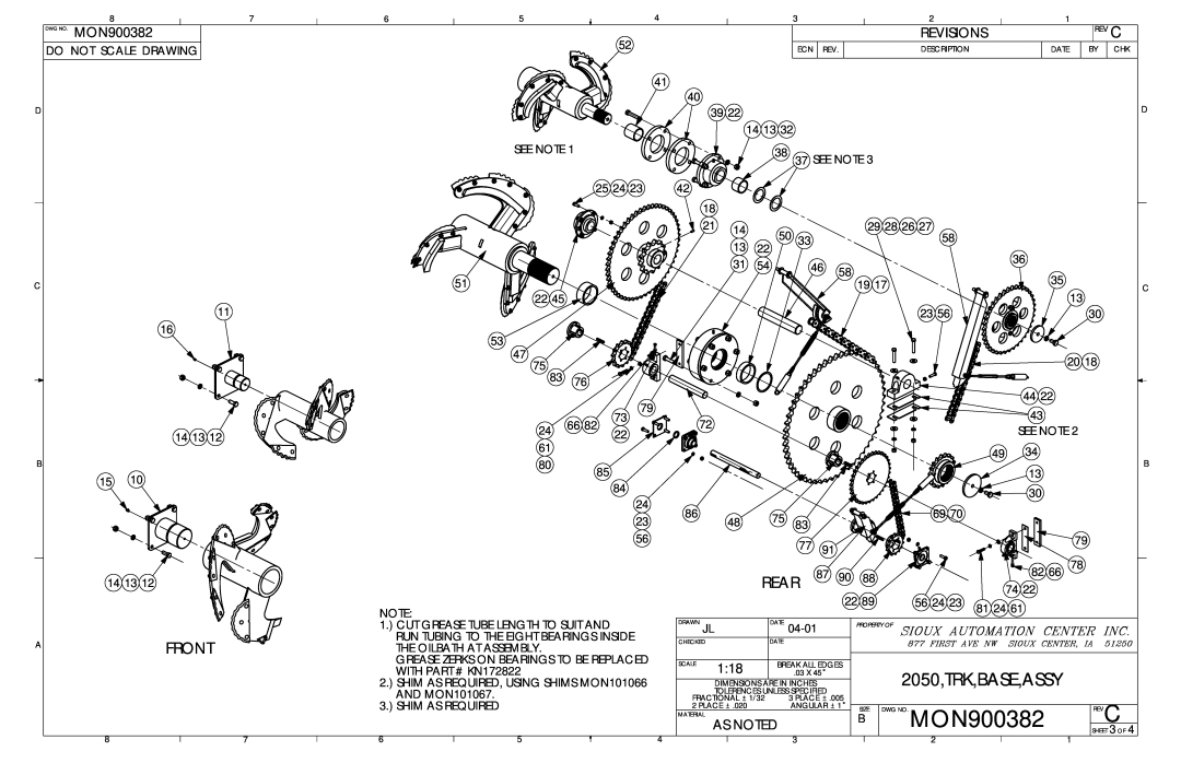 Sioux Tools manual Afront, Rear, 2050,TRK,BASE,ASSY, DWG NO. MON900382, Revisions, As Noted 