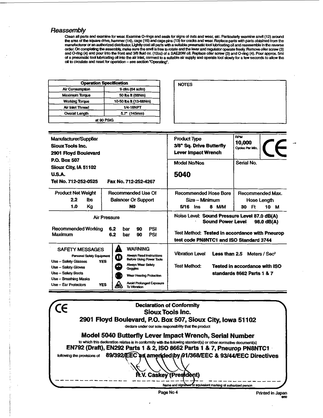 Sioux Tools manual Model 5040 Butterfly Lever ImpactWrench, Serial Number, Produd T m 3Bn Sq. Drive Bunerfiy 